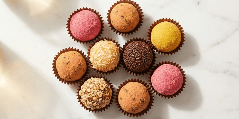 Assorted handcrafted Sprinkle+Bean brigadeiros in brown paper cups showing chocolate sprinkles, crushed hazelnuts, coconut, and coffee coatings