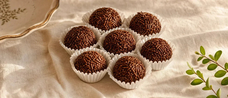 Handcrafted Sprinkle+Bean brigadeiros styled with soft warm lighting, exploring the rich history of Brazil's most iconic chocolate dessert