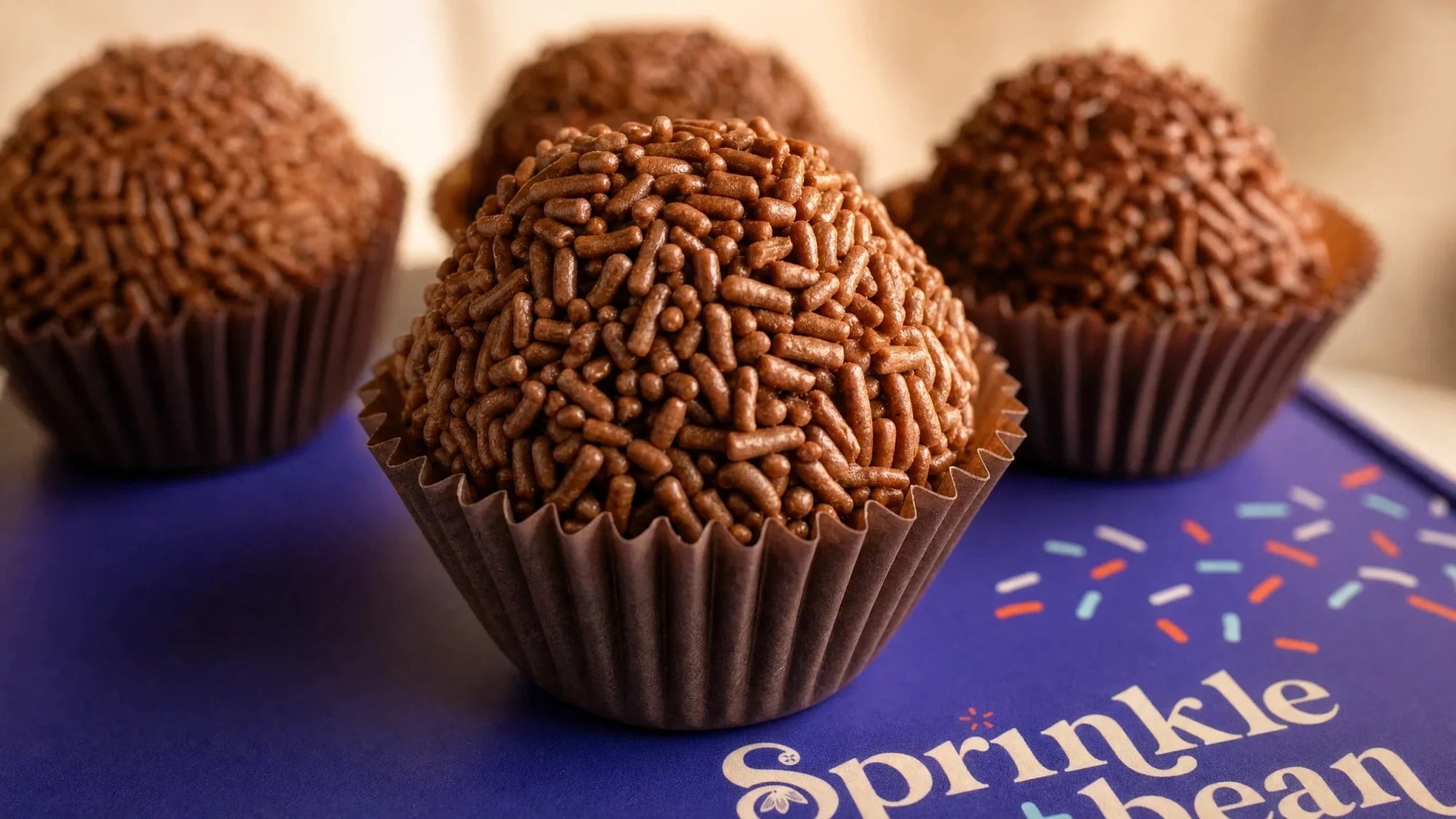 Chocolate brigadeiros on top of a closed Sprinkle+Bean box