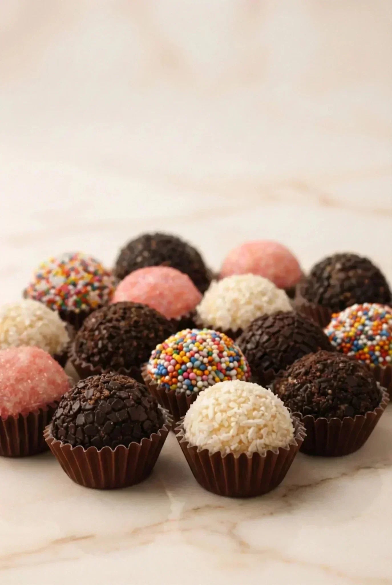 Sprinkle+Bean Brigadeiros arranged on a marble countertop