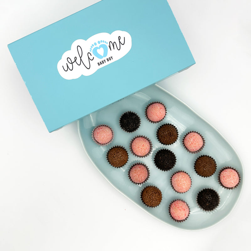 Baby Boy Chocolate + Strawberries Brigadeiros — handcrafted Brazilian brigadeiro gift