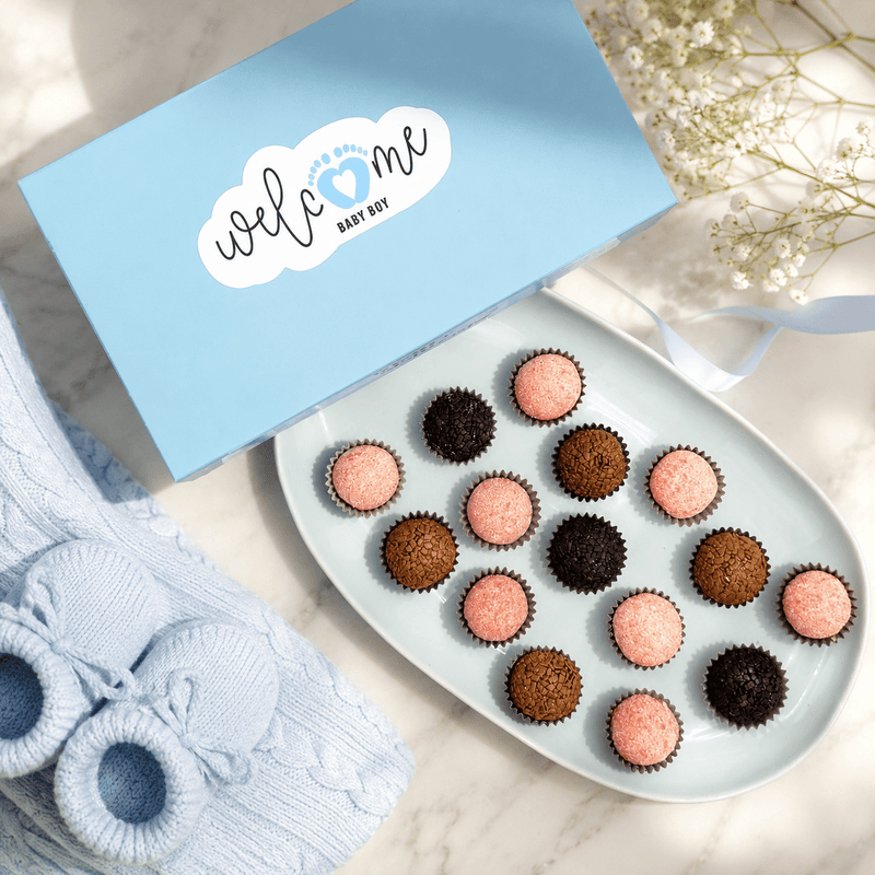 Baby Boy Chocolate + Strawberries Brigadeiros — handcrafted Brazilian brigadeiro gift