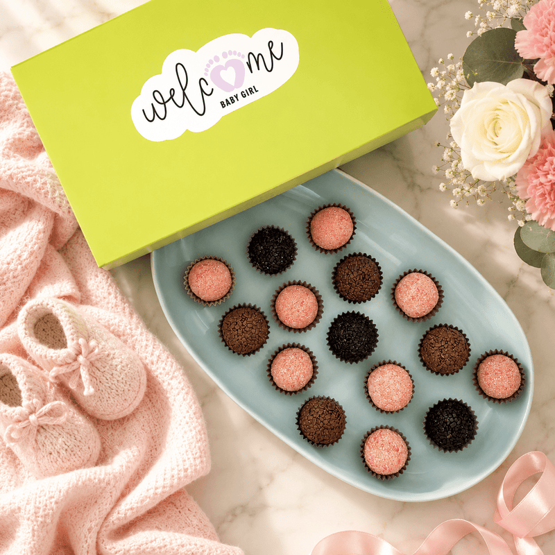 Baby Girl Chocolate + Strawberries Brigadeiros — handcrafted Brazilian brigadeiro gift
