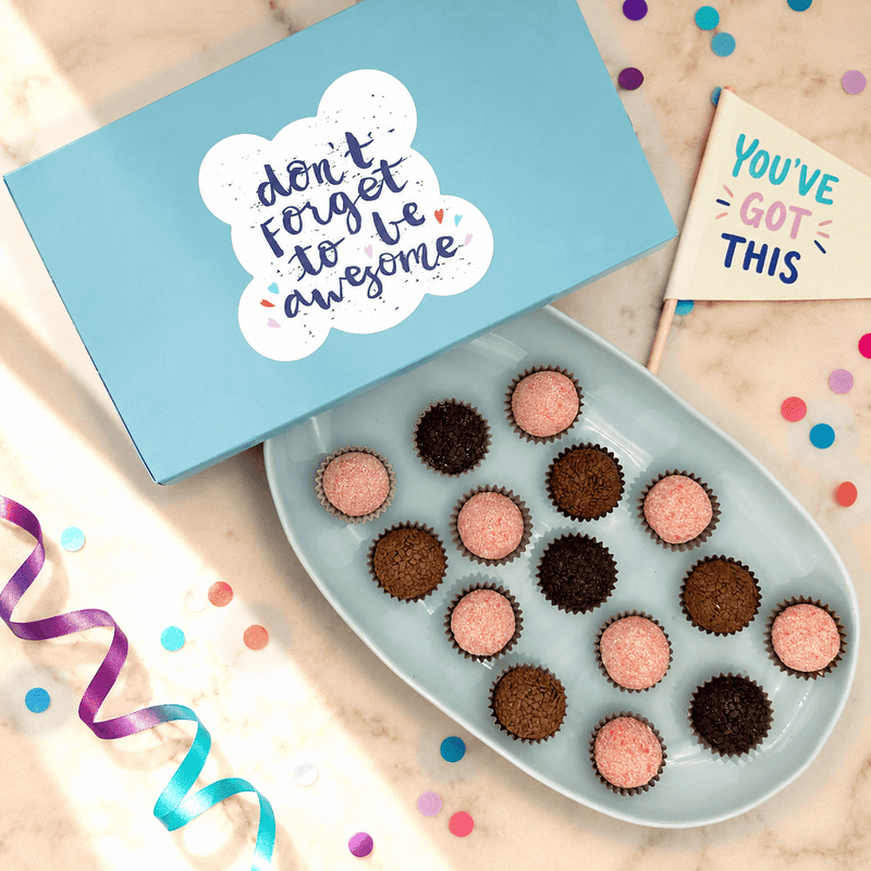 Don't Forget to be Awesome - Chocolate + Strawberries Brigadeiros — handcrafted Brazilian brigadeiro gift