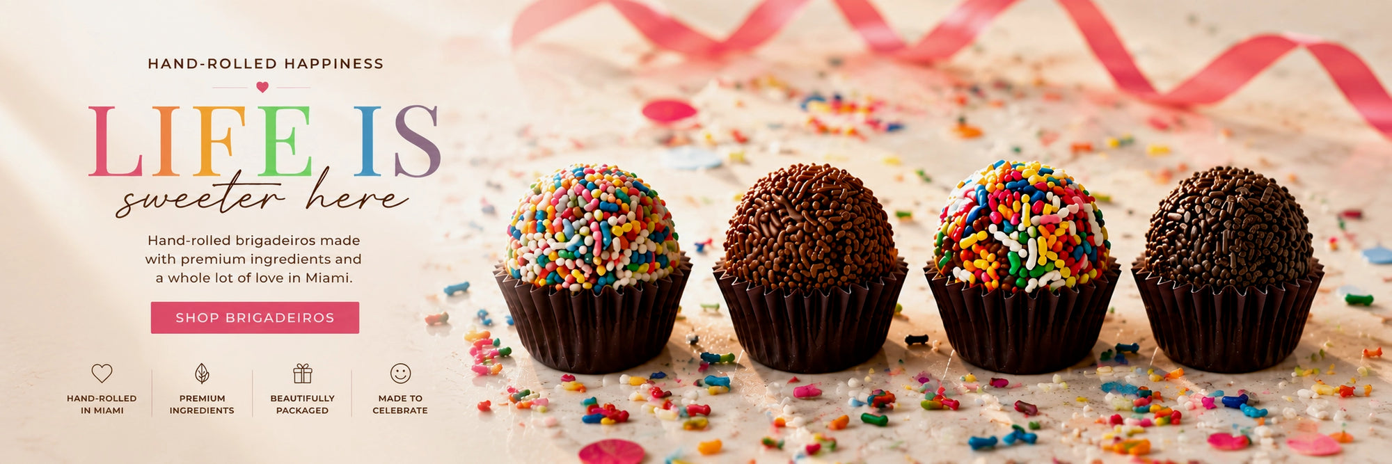 Sprinkle+Bean handcrafted Brazilian brigadeiros topped with colorful and chocolate sprinkles on a festive cream marble backdrop.