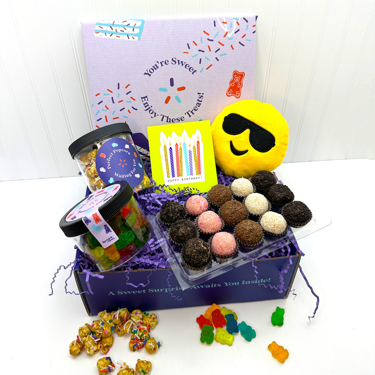 A beautiful birthday brigadeiro gift box, handcrafted in Miami — colorful sprinkles and perfect packaging
