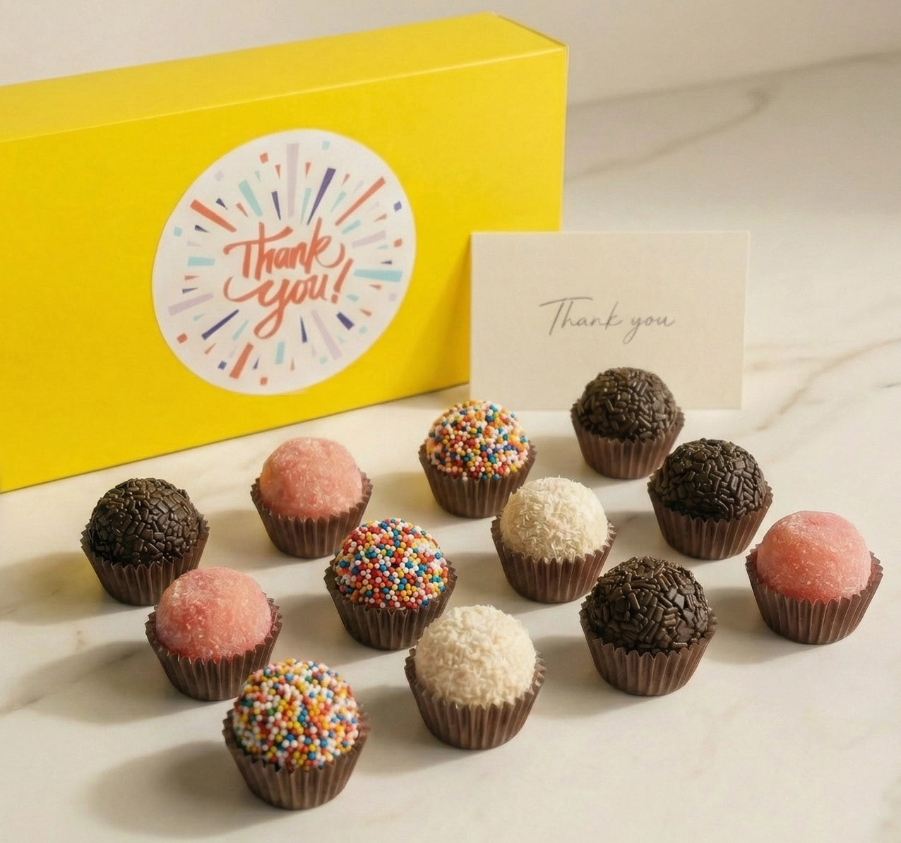 Thank you brigadeiro gift box with assorted handcrafted chocolates and message card